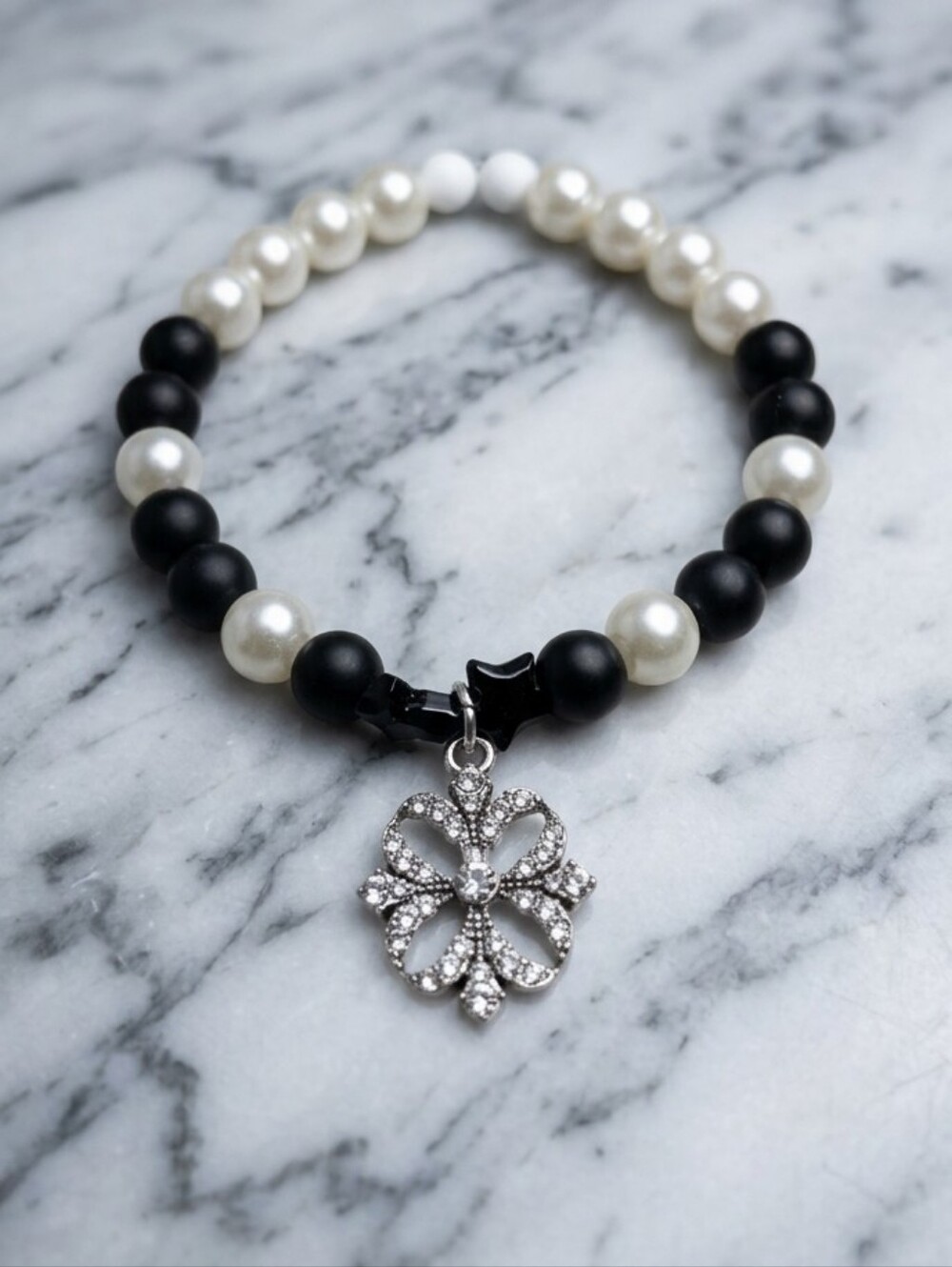 Hand Crafted Black and White Beaded Bracelet with Crystal CrossCharm